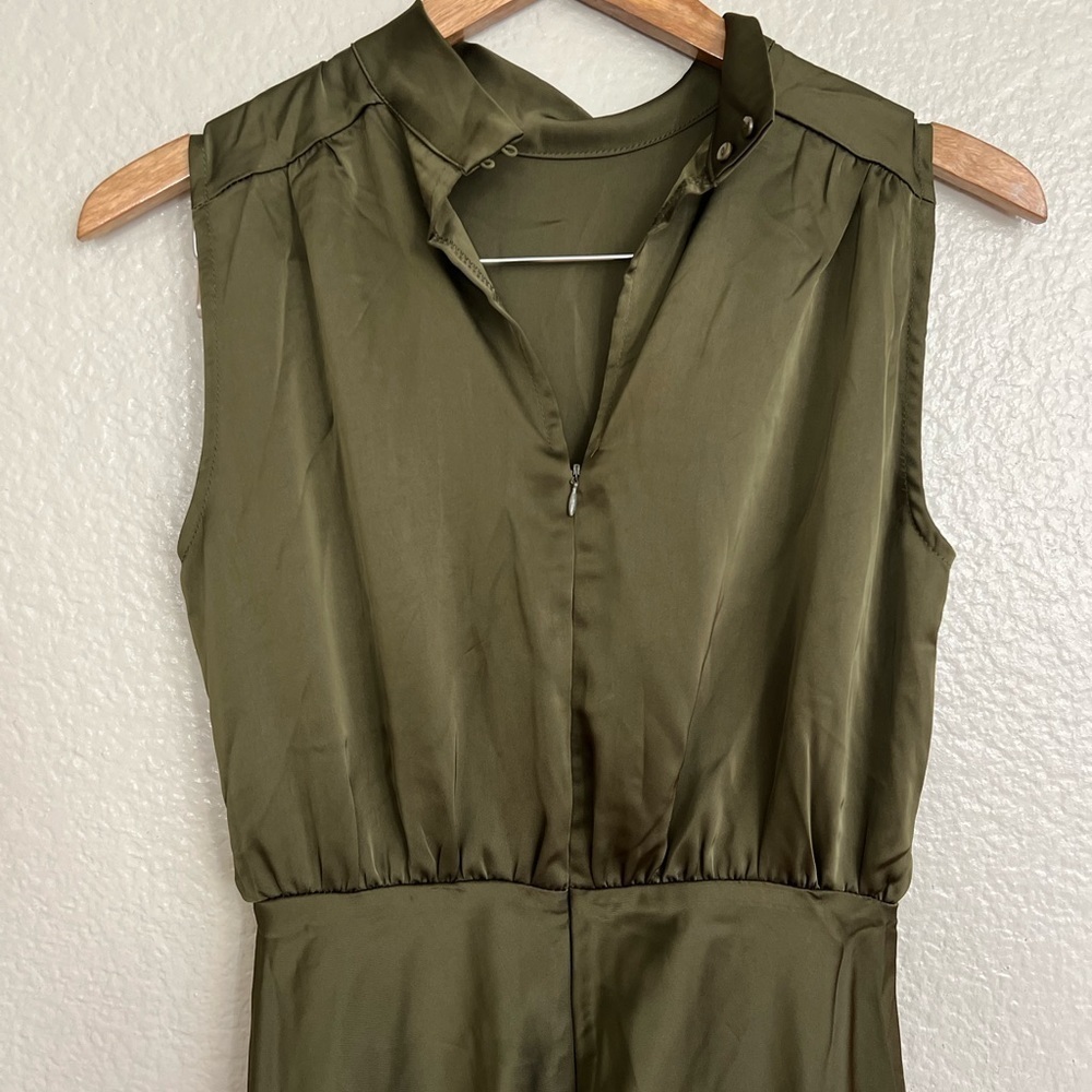 Classic Elegance Olive Satin Sleeveless Mock Neck Maxi Dress - Picture 5 of 10